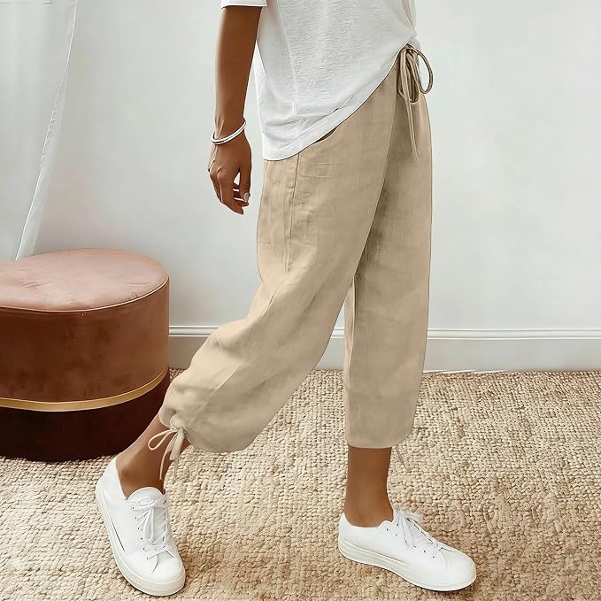 Linen Capri Pants for Women Drawstring Elastic Wide Leg Trouser 2026 Summer - Image 3