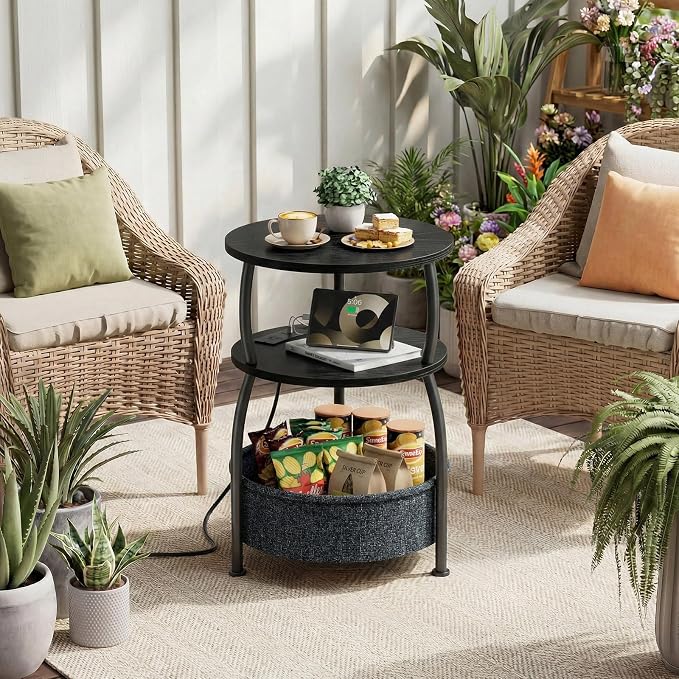 Round Side Table with Charging Station, USB Type C Port, Space Saving, Tall - Image 8