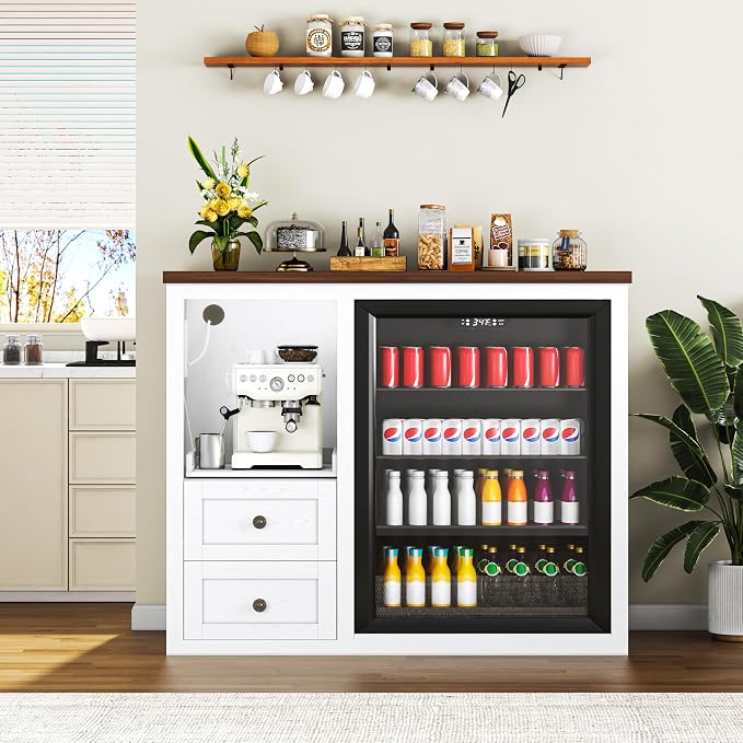 47.2" Coffee Bar Cabinet with Fridge Space, Farmhouse Mini Fridge Cabinet with - Image 6
