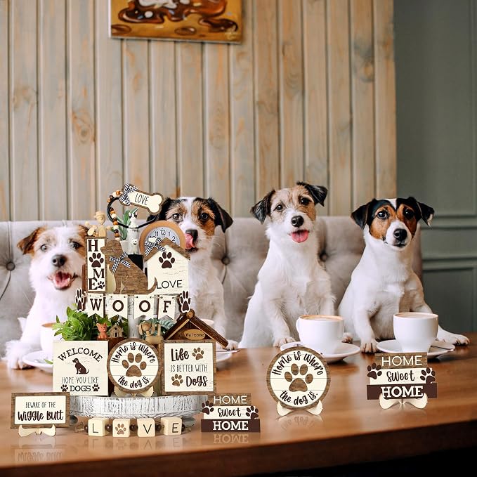 Mifoci 16 Pcs Dog Tiered Tray Decor Cute Dog Signs Home Decor Wooden Woof - Image 6