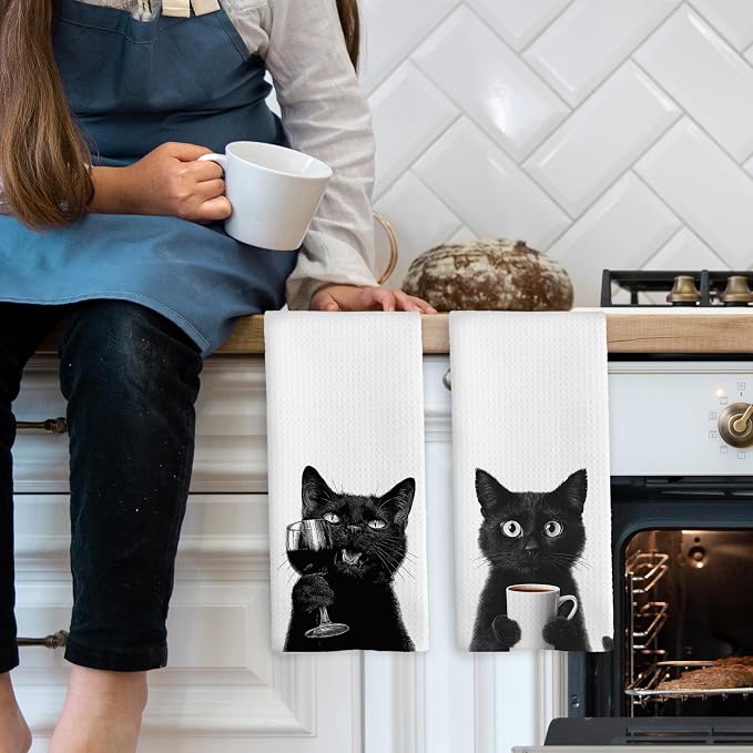 Funny Cat Kitchen Towels Set of 2, Chef Gift，Funny Kitchen Decor, Coffee - Image 3