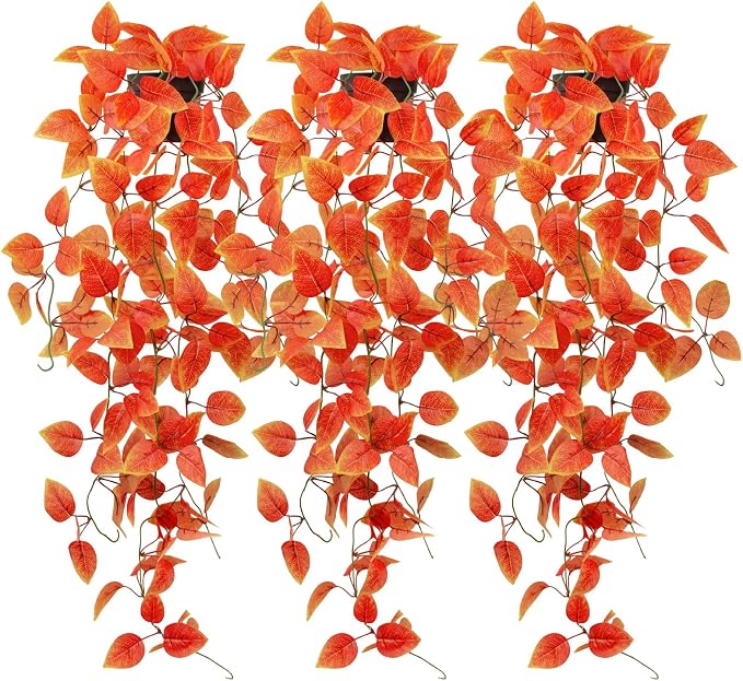 3 Pack Artificial Fall Plants Hanging Orange Vines Potted Fall Foliage Fake by Unknown