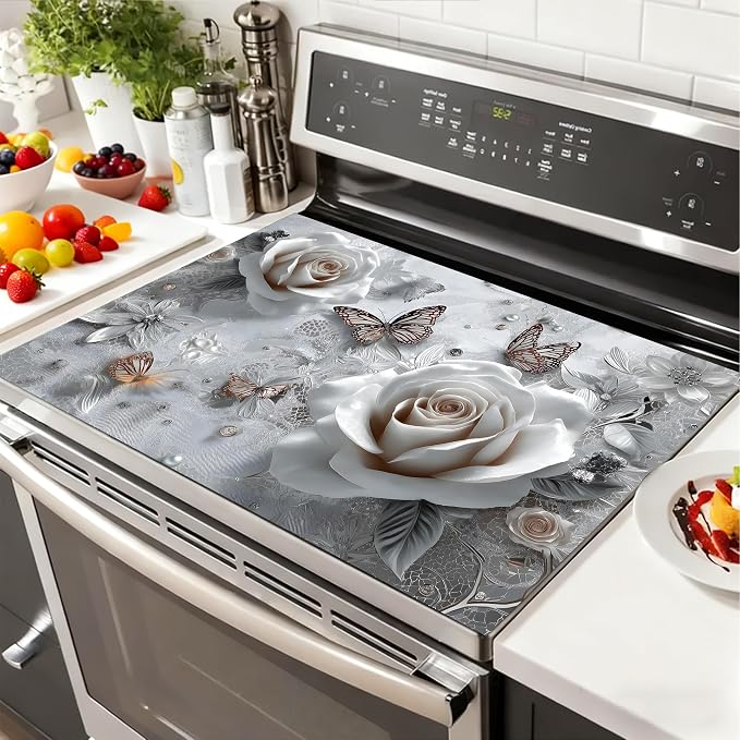 White Rose Butterfly Stove Top Cover 28.3 x 20.5 Inches, Heat Resistant Glass by KKYEJLQYI