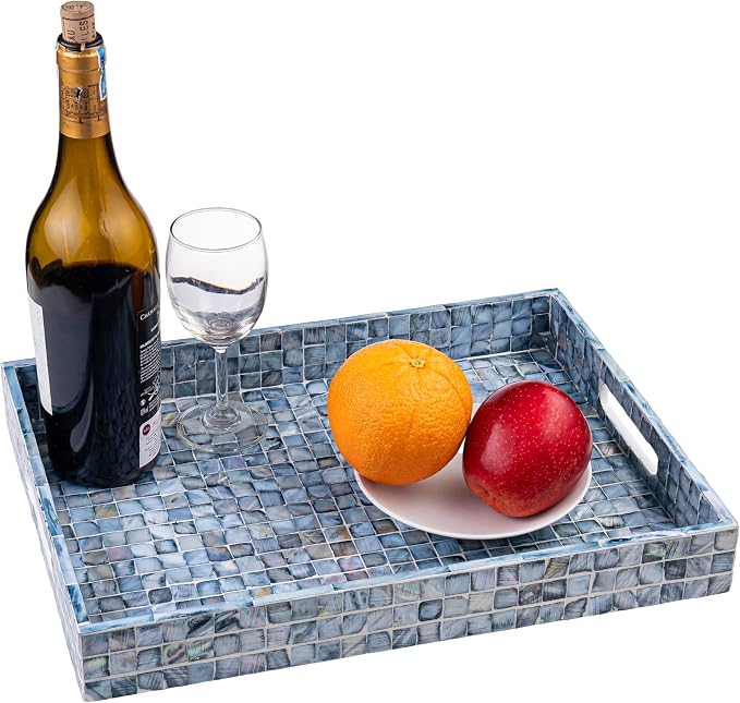 PEMAR Rectangular Mother of Pearl Serving Tray Nacre Wood Lap Ottoman Tray - Image 3