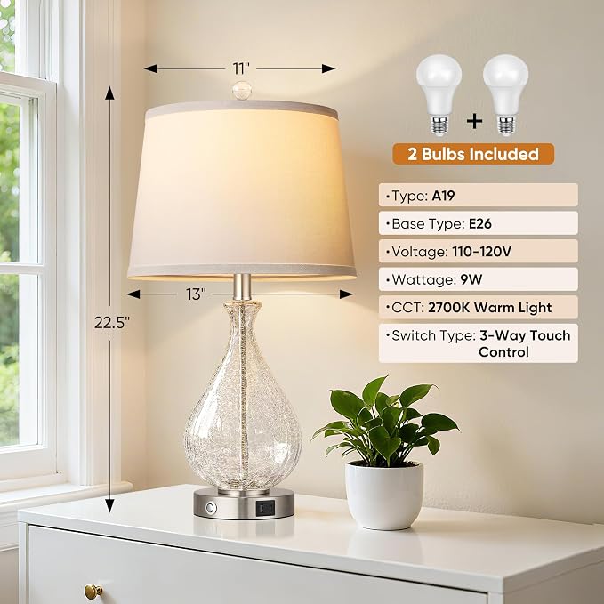 QiMH Glass Table Lamps for Living Room, Bedside Lamps Set of 2 - Image 5