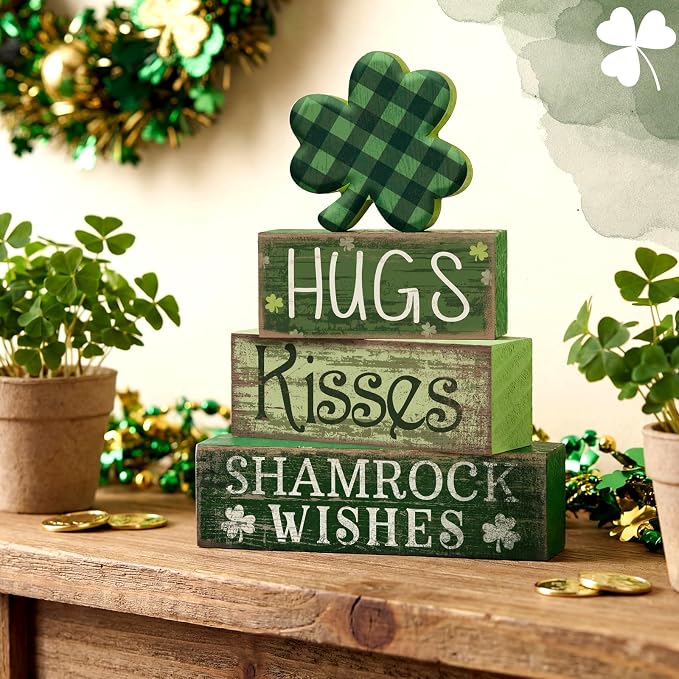 Lineshading 4 Pcs St. Patrick's Day Table Wooden Signs Hug Shamrocks Table - Image 2