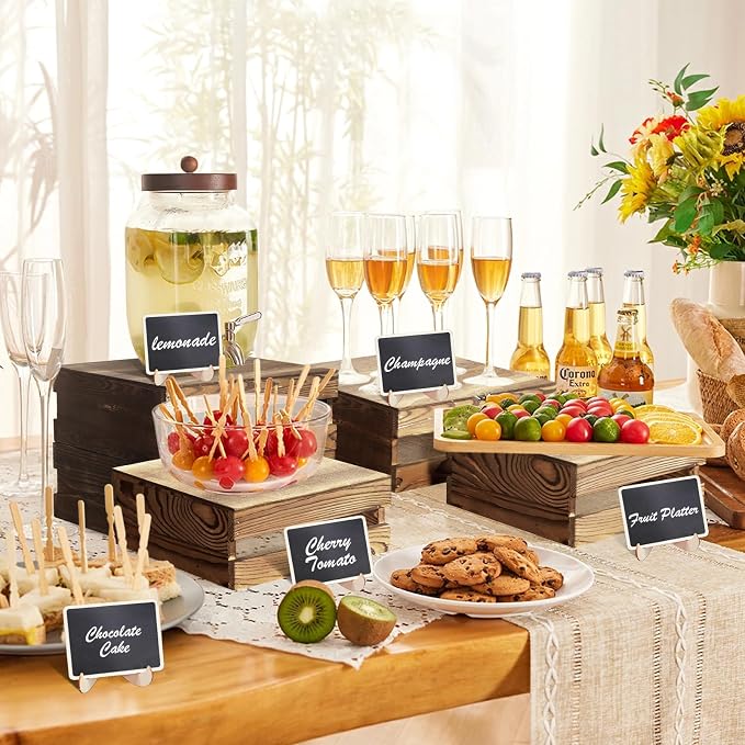 4 Pcs Buffet Risers with Mini Signs, Rustic Wood Cake Stands, Food Risers - Image 2