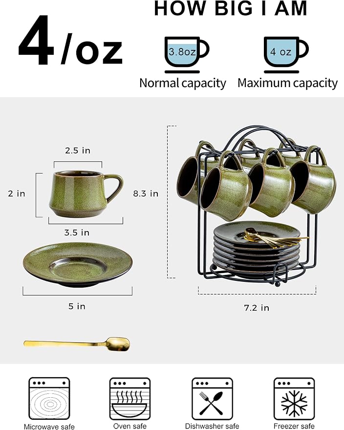 YHOSSEUN Ceramic Espresso Cups Set of 6, 4 Oz Expresso Shots Cup - Image 3