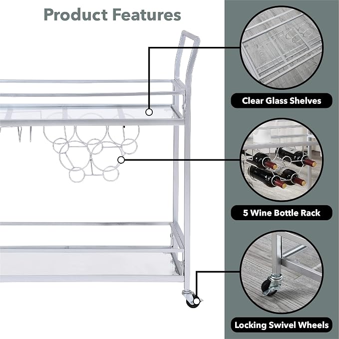FirsTime & Co. Silver Delilah Bar Cart, 2 Tier Mobile Mini Bar, Kitchen Serving - Image 5
