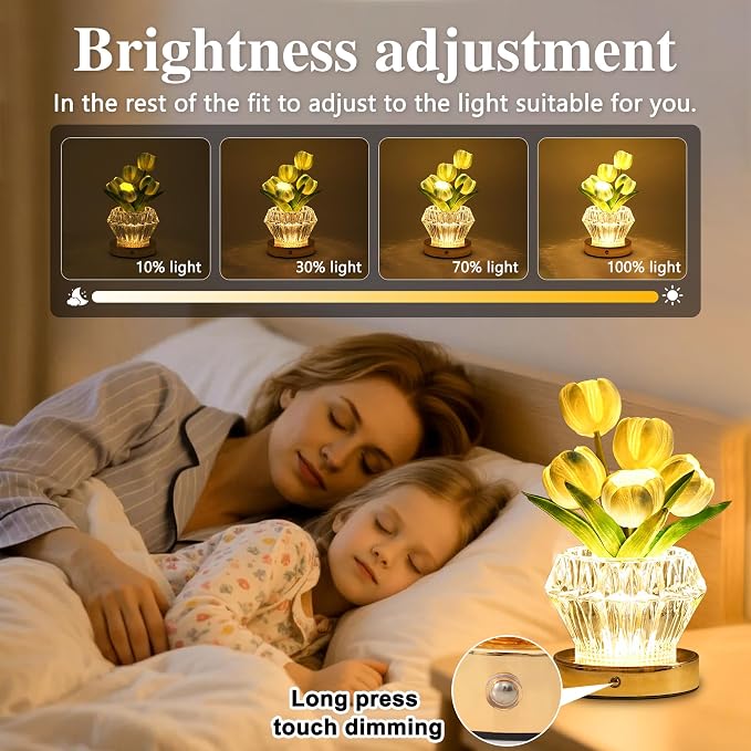 Blue Tulip Flower Lamp Diamond Vase, 3 Color Night Light Dimmable Touch Control - Image 3