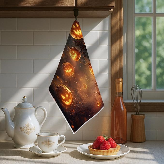 Pumpkin Kitchen Towels Set of 2, Halloween Festive Ghost String Light Halloween - Image 6