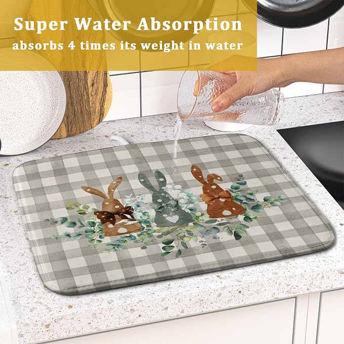Spring Bunny Dish Drying Mats for Kitchen Counter, Rabbits Leaves Grey Buffalo - Image 7