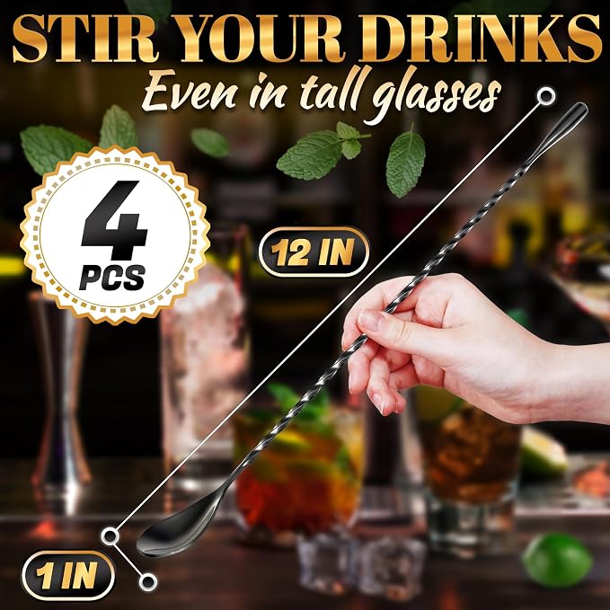 4 Pcs Black Bar Spoons Cocktail Mixing Spoon Set – 12 Inches Stainless Steel - Image 2