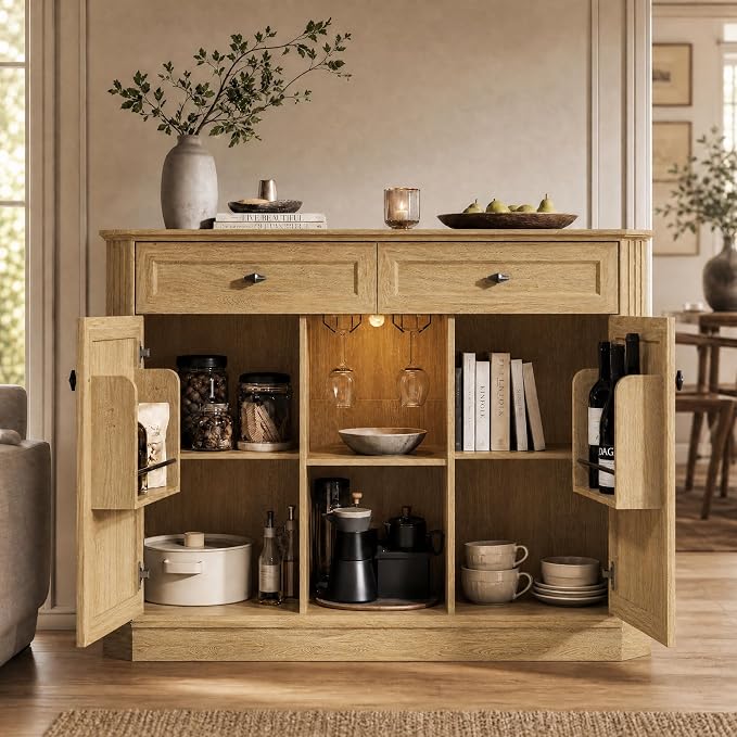 Natural Oak Coffee Bar with 2 Drawers & 2 Doors, LED Wine Bar Cabinet with Wine - Image 8