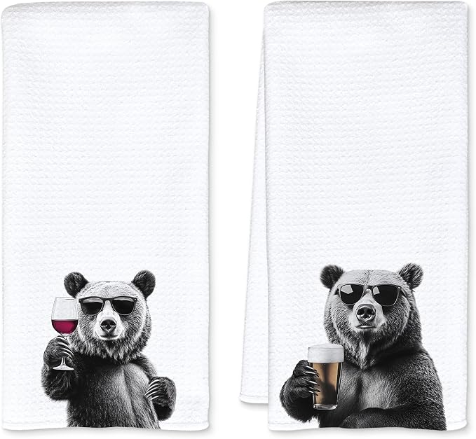Funny Bear Kitchen Towels Set of 2, Funny Kitchen Decor, Wine Station Wine Bar by Unknown