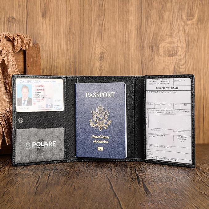 Polare Napa Leather Pilot Wallet Passport Holder RFID Blocking Tri-fold Travel - Image 8