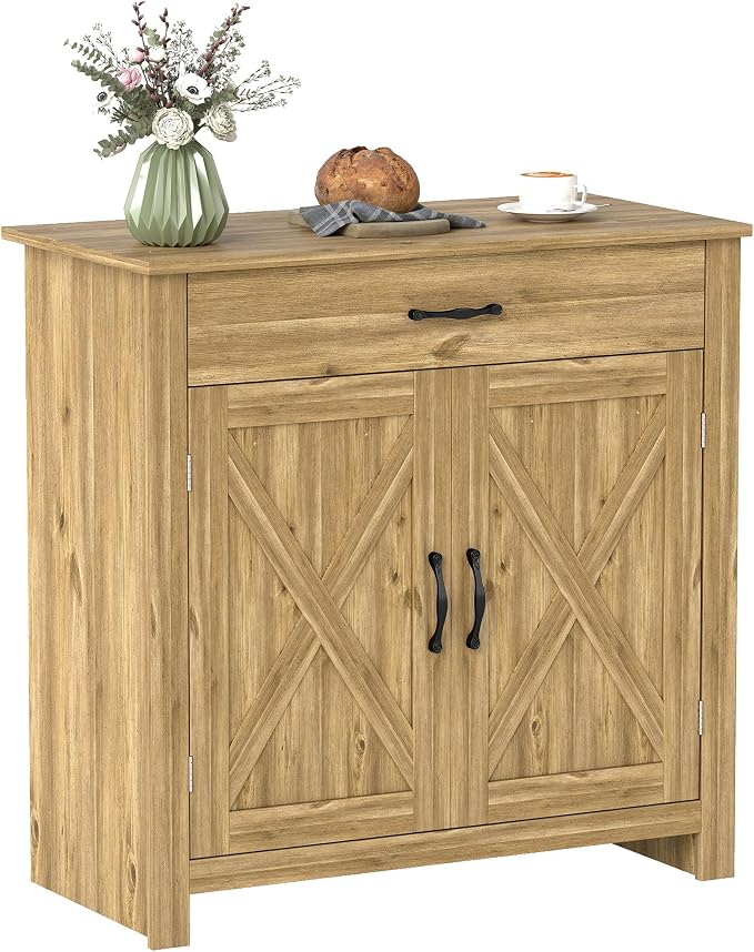 HOMCOM Farmhouse Sideboard Buffet Cabinet, Barn Door Coffee Bar Cabinet by HOMCOM