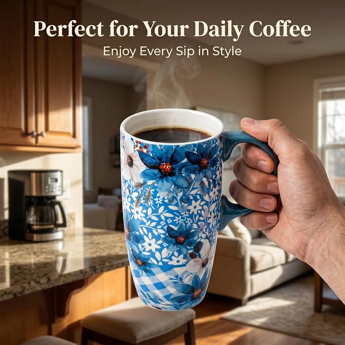 Topadorn Blue Floral Ceramic Travel Mug - Image 6