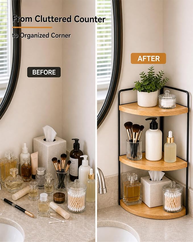 3-Tier Corner Bathroom Countertop Organizer, Solid Pine Wood Vanity Shelf | - Image 4