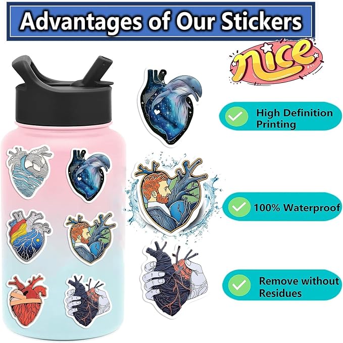 52Pcs Waterproof Anatomical Heart Stickers Pack, Unique Creative Heart Themed - Image 5