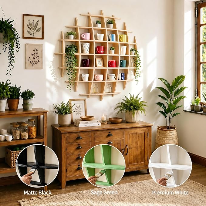 46" x46"Oversize Wooden Coffee Mug Display Shelf, Rustic Wooden Floating Curio - Image 3