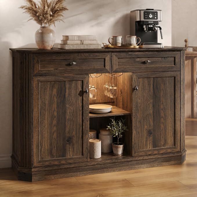 47" Wine Bar Cabinet with LED Light & Power Outlets, 2 Door Coffee Bar Cabinet by Unknown