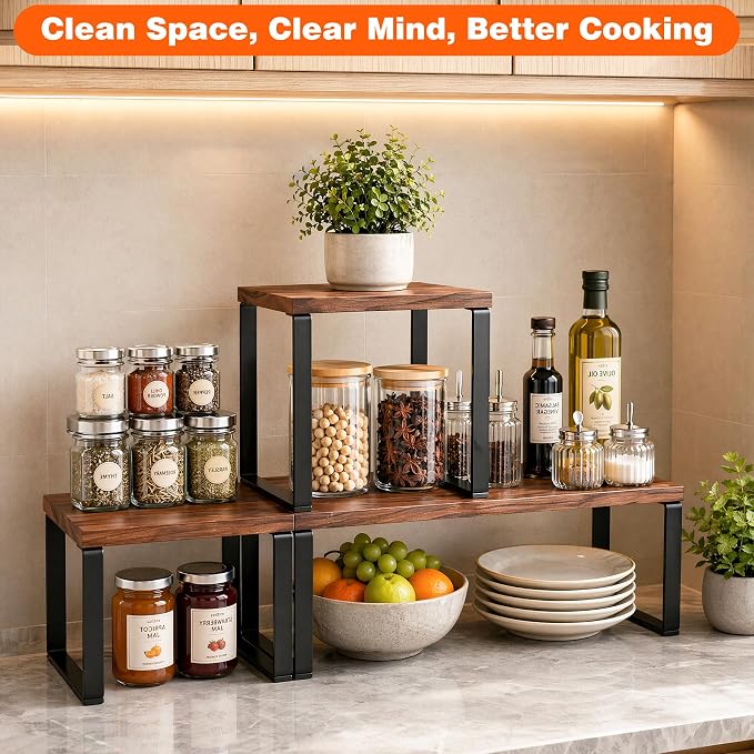 Countertop Organizer Corner Shelf, Wooden 2 Tier Stackable Kitchen Counter - Image 5