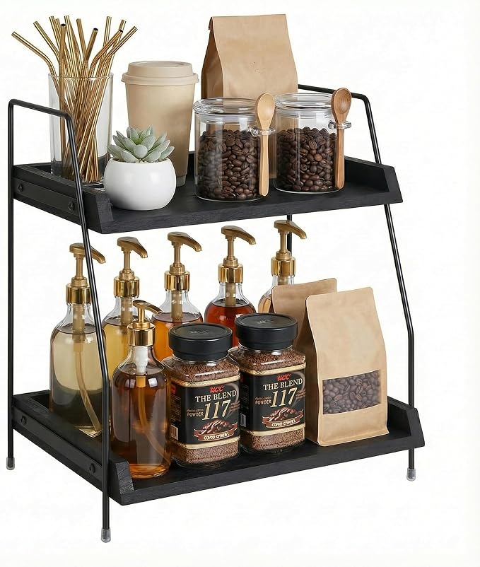 2-Tier Coffee Bar Organizer, Rustic Industrial Coffee Station Storage Rack by ugiftt