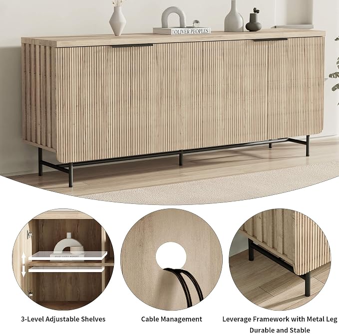 SAINTCY 68" Large Fluted Sideboard Buffet Cabinet - Image 4