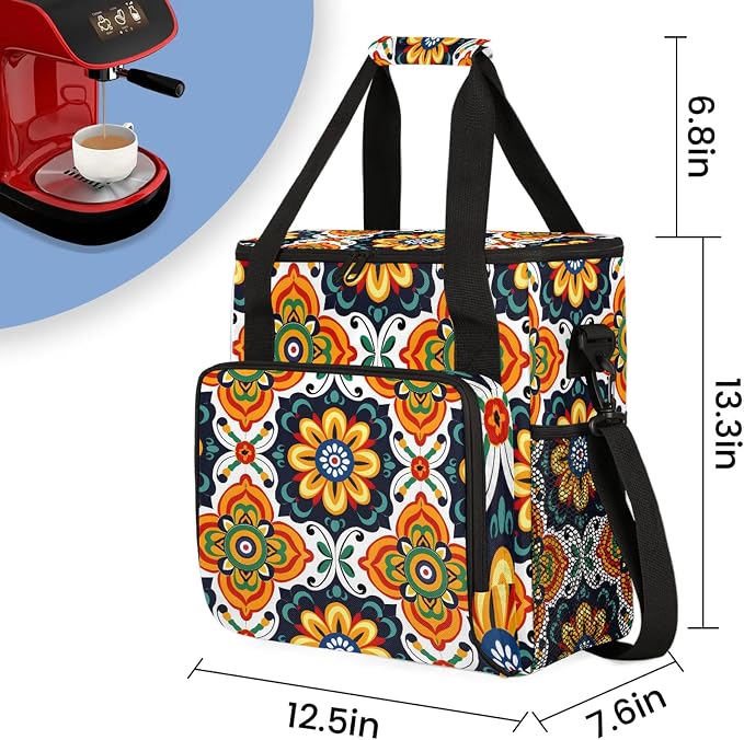 Mexican Art Flowers Coffee Maker Carring Bag, Large Insulated Storage Organizer - Image 2