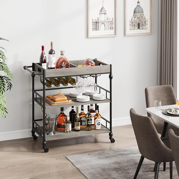Garvee Bar Cart with Wheels, 3-Tier Rolling Serving Cart with Removable Tray - Image 3
