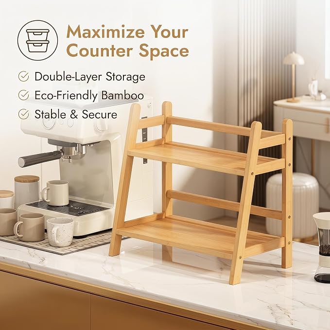 2-Tier Bamboo Matcha Station Organizer, Trapezoidal Shelf - Image 5