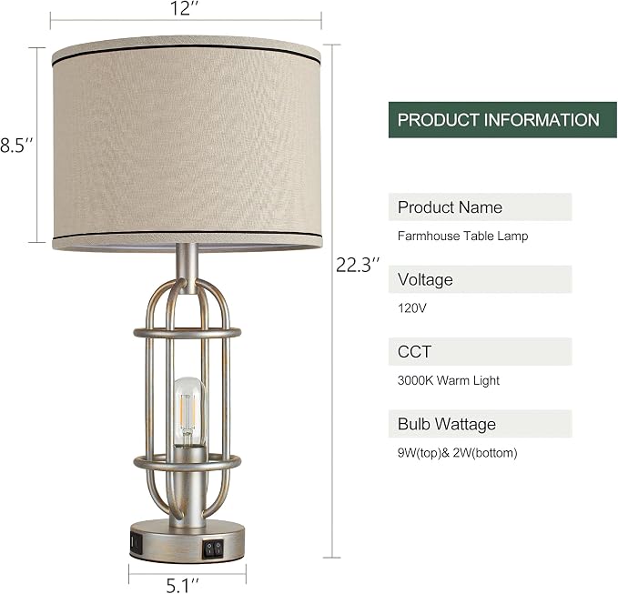 Reaketon Table Lamps for Living Room Set of 2, 22.3" Farmhouse Lamps for - Image 8