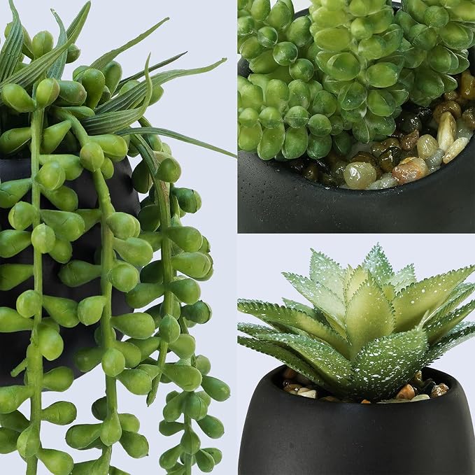 Winlyn Set of 3 Artificial Succulents Plants in Black Cement Planters Faux - Image 3