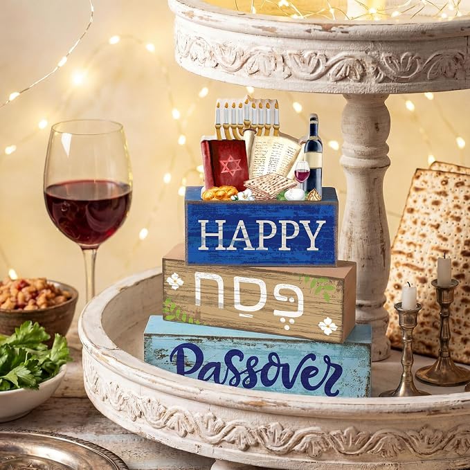Lineshading 4 Pcs Happy Passover Table Decorations Wooden Menorah Table - Image 2