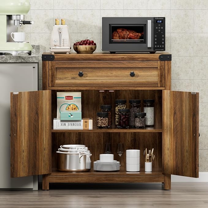 YESHOMY Coffee Bar and Accent Cabinet, Farmhouse Barn Door Buffet Sideboard - Image 4