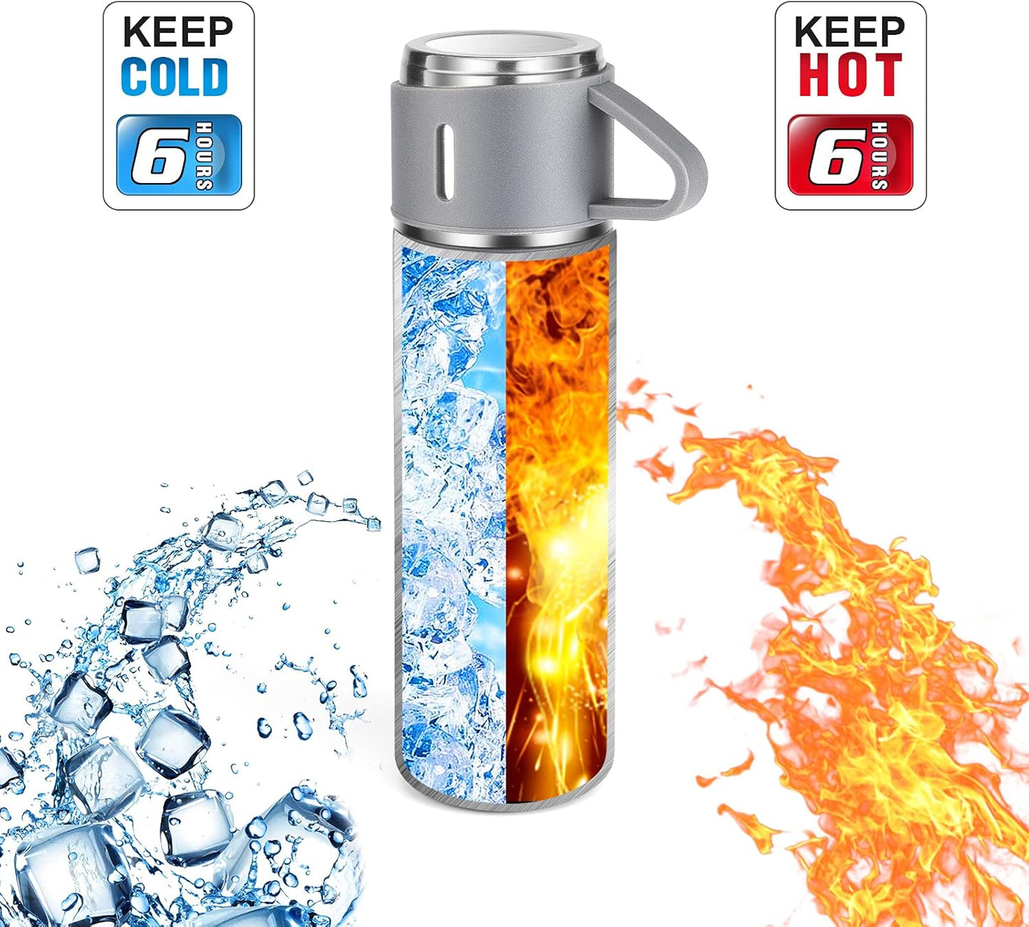 Stainless Steel Thermo 16.9oz Vacuum Insulated Bottle with Cup for Coffee Hot drink and Cold drink water flask.(Gray,Single)