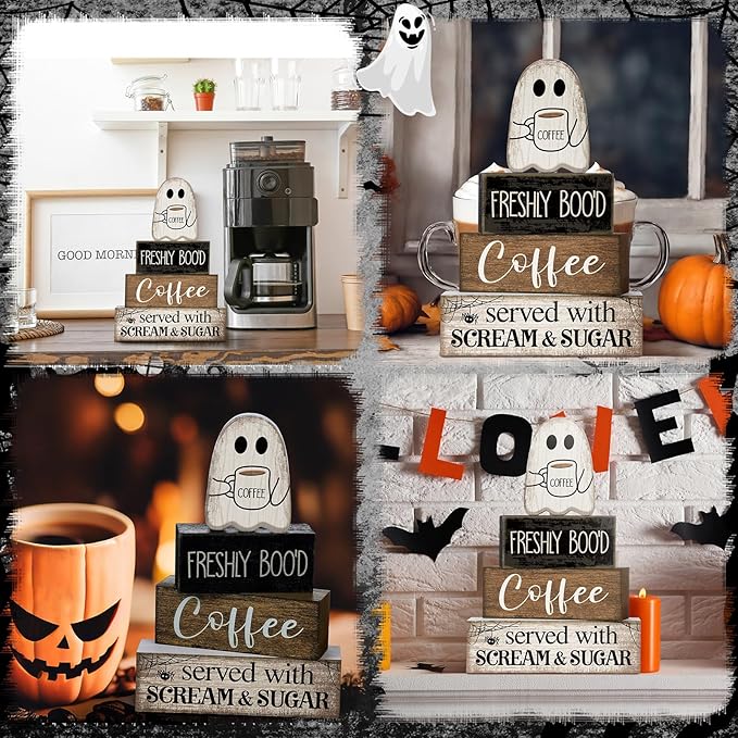 Lineshading 4 Pcs Halloween Table Decor Coffee Ghost Wooden Sign Halloween - Image 4