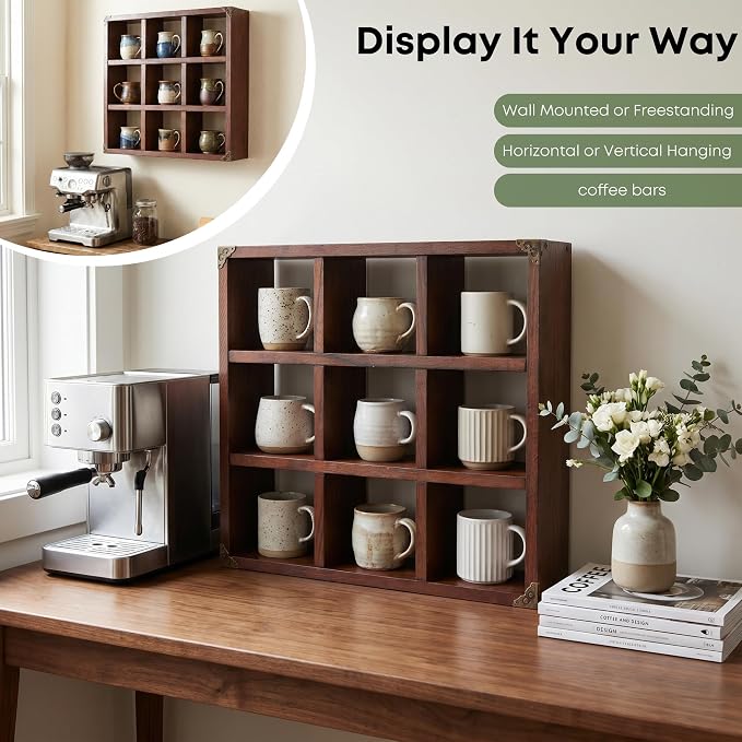 9 Slot Coffee Mug Display Rack - 17in Wall Mounted | Solid Wood - Image 4