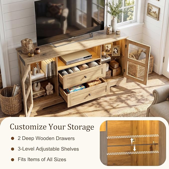 55 Inch Buffet Cabinet with Power Outlets, Coffee Bar with 2 Drawers, RGB LED - Image 5