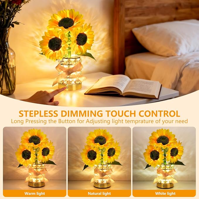 Handmade Sunflower Lamp, Rechargeable Cordless Touch Table Lamp, 3-Colour - Image 3