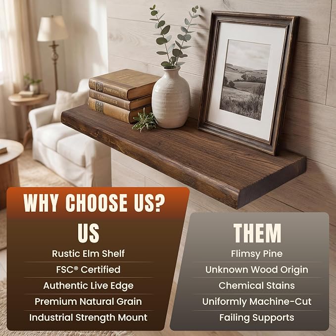 24" Live Edge Floating Shelves, 1.4" Extra Thick Solid Elm Wood Wall Shelf - Image 4