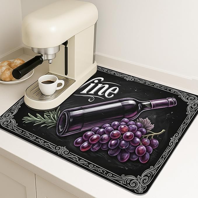 Wine Inspired Dish Drying Mats for Kitchen Counter, Vintage Black Grapes - Image 2