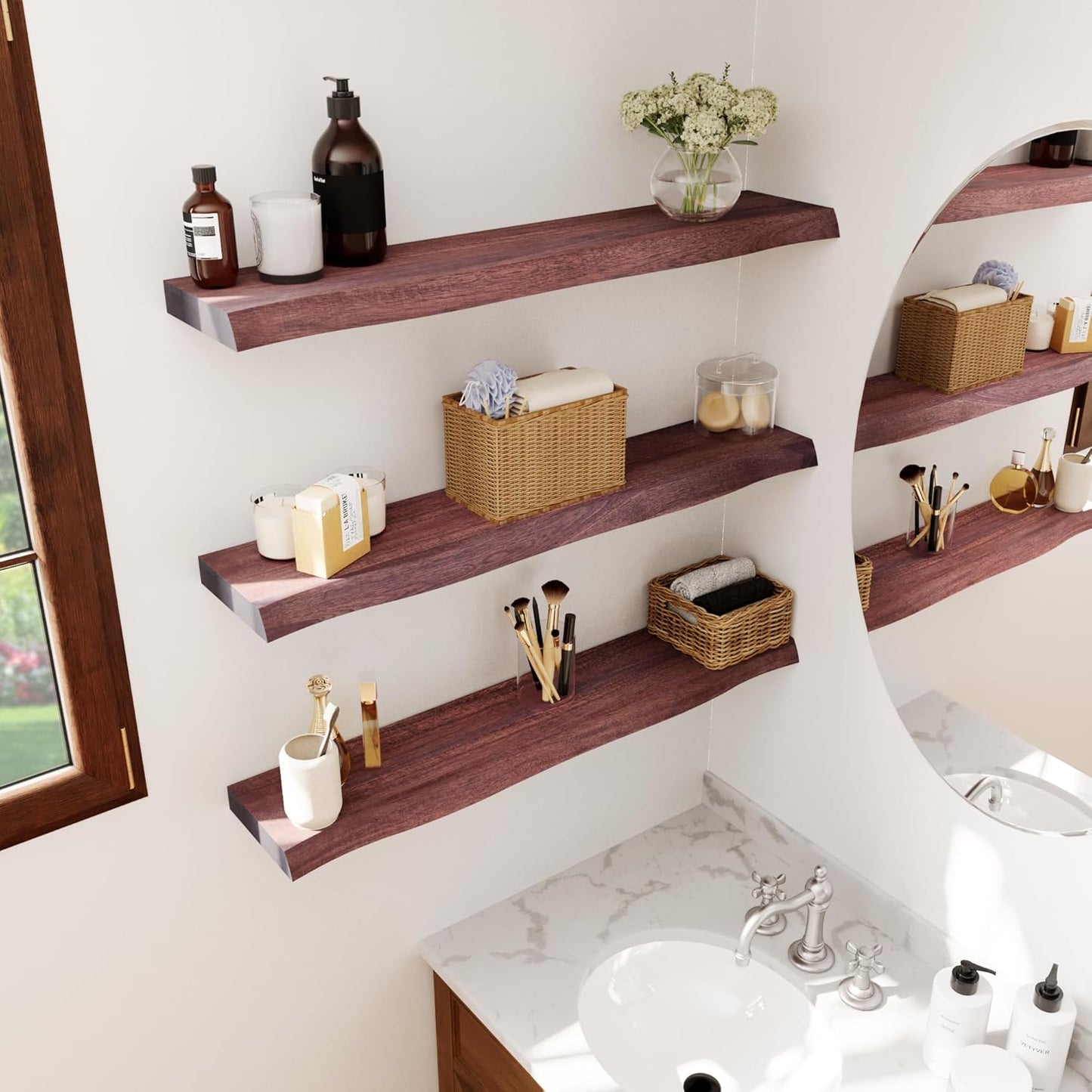 36" Acacia Live Edge Floating Shelves Set of 2 - Wall Mounted Wooden Shelf for Stylish Home Décor - Cherry Color 36x7.5x1.5 Inches