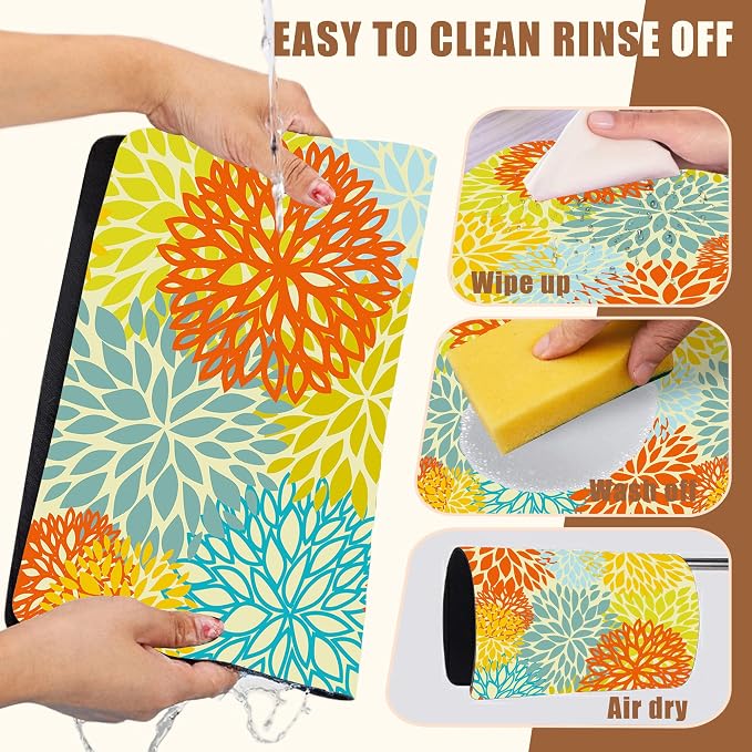Orange and Blue Chrysanthemum Flower Coffee Mat Absorbent Dish Drying Mat Hide - Image 5