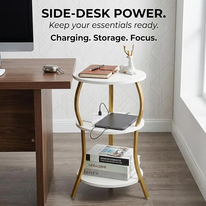 Small Round Side Table with Charging Station, 3-Tier Waist Circular End Table - Image 4