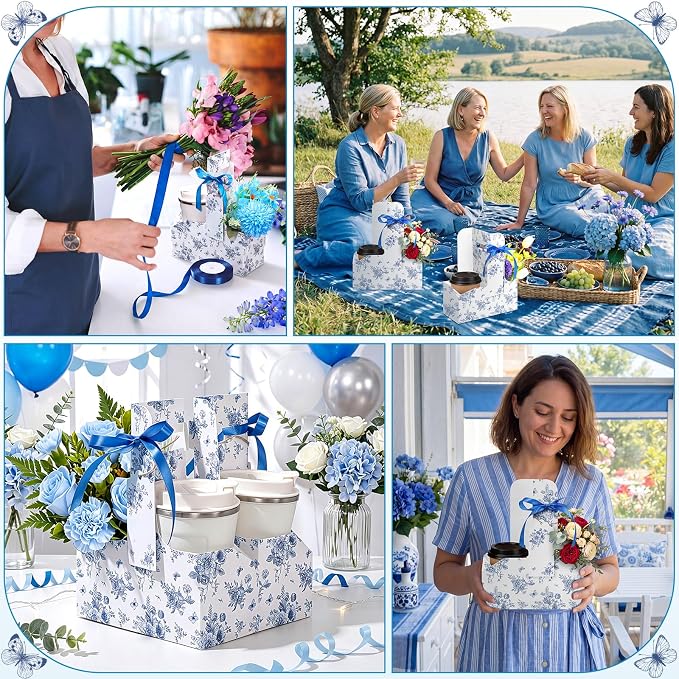 24 Pack Blue Floral 2-cup Drink Carrier - Image 4
