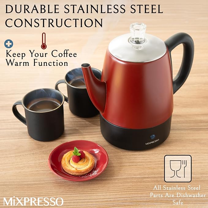 Mixpresso Red Small Electric Percolator Coffee Pot 4 Cup Stainless Steel - Image 3