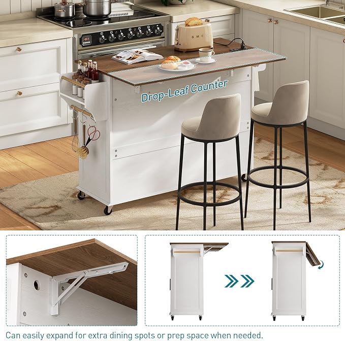 RALGEND Kitchen Island with Drop Leaf & Power Outlet, Rolling Kitchen Island - Image 4