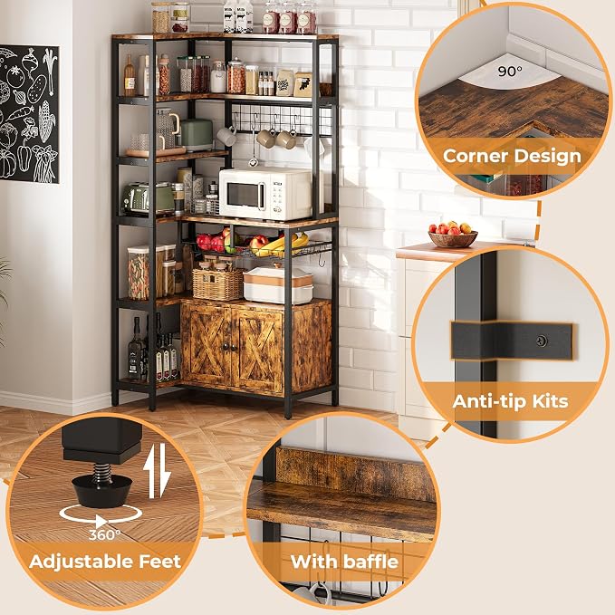 IRONCK Corner Bakers Rack with Power Outlet, Coffee Bar 6 Tier with Storage - Image 8